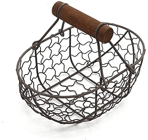 DUZFOREI Cesto per uova con manico in legno, cestino per uova in filo metallico, rustico, vintage, primitivo, per cucina, soggiorno, rustico, con manico in legno, cestino per uova di pollo