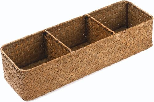 Cesta de Almacenamiento de Baño de Seagrass con 3 Compartimentos, Cesta de Tanque de Inodoro de Mimbre, Caja de Almacenamiento Tejida para Organizador (Natural, 42 x 14 x 9 cm)