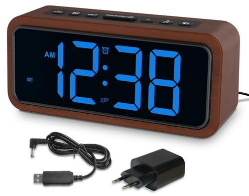 Lauter Wecker Nachttisch, Holzwecker mit 12 Wecktönen, 5 Lautstärken, 5 Helligkeit, LED-Anzeige, Schlummerfunktion, manuelle DST, lauter Wecker für Schlafzimmer, Wohnzimmer, Netzbetrieb