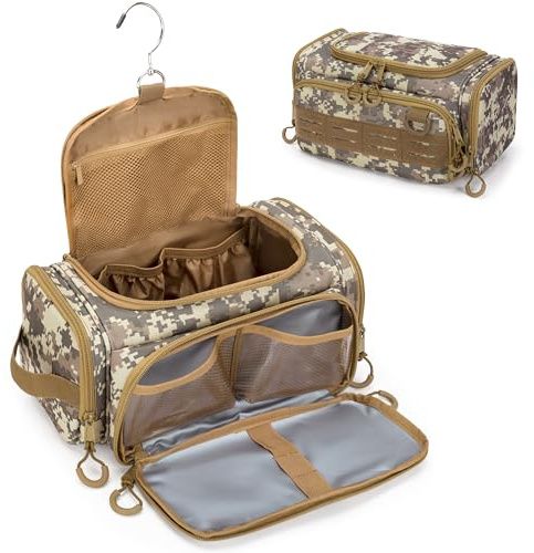 Prokva Neceser Táctico para Hombre, Bolsa de Higiene Colgante, Organizador de Viaje para Artículos de Aseo Personal, Artículos de Afeitado, Artículos de Ducha y Artículos de Tocador, Marrón