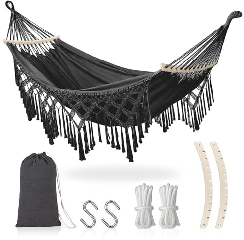Hängematte Outdoor Boho, XXL Übergroßer Hängematte Hängesessel 2 Personen max 440 lbs, Hängeschaukel mit Tasche Holzstange Hängematte Indoor & Outdoor für Patio Garten Terrasse Wohn-Schlafzimmer
