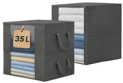 JIVAL19*22 Bolsas Almacenaje Ropa 35L – Pack 4 Cajas Organizadoras Bajo Cama y Armario, Tela 3 Capas, Asas Reforzadas, Ventana Transparente