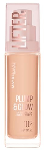 Maybelline New York Fondotinta Illuminante, Per Tutti i Tipi di Pelle, Pelle Rimpolpata e Radiosa, Finish Naturale, Con Acido Ialuronico e Niacinamide, Lifter Plump and Glow, Tonalità: 102, 30 ml