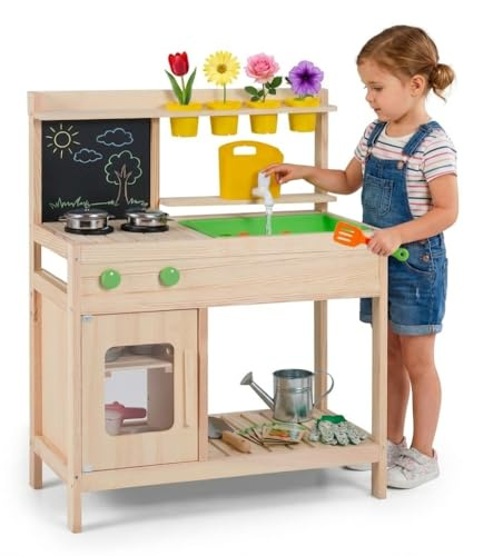 HOMASIS Cuisine Extérieure Enfant, Cuisine de Boue en Bois avec 4 Pots de Fleurs, Tableau Noir, Réservoir d'eau, Évier, Robinet, Placard, Étagère de Rangement, Jouet de Simulation pour 3 Ans+