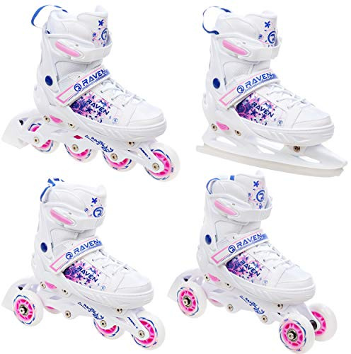 RAVEN 4in1 Inline Skates Pattini in linea Triskates Pattini a rotelle/da ghiaccio per bambini ragazze regolabili (Meia, 28-32 (18,5cm-21cm))