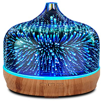 Porseme Difusor de Aroma de 500ml, 3D Difusor de Vidrio Soplado para Aceites Esenciales, Humidificador Grande Ultrasónico Cool Mist Quiet, 7 Colores LED para el Hogar Dura 15-21 Horas (Argent)