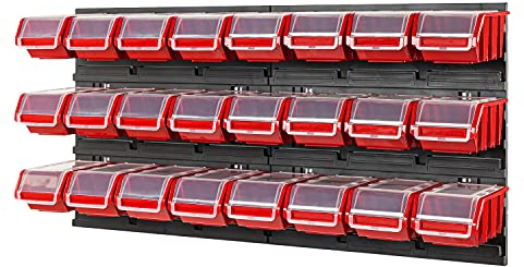 Lagersystem Stapelboxen mit Deckel Wandregal 772 x 390 – 24 Stück Boxen - Werkzeugwand Werkstattregal Schüttenregal, Rot