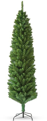 Slim Christmas tree - Green Artificial Christmas Tree with 820 Branch Tips | Slim pencil Christmas trees with Metal Stand (Green, 7ft)