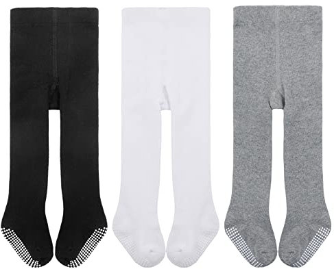 Durio Baby Strumpfhose für Mädchen Baumwolle Kinderstrumpfhose Kleinkind Strumpfhosen Set Leggings Anti-Rutsch Rutschfest Stoppersocken 3 Paar-Schwarz Weiß u. Grau 1-2 Jahre