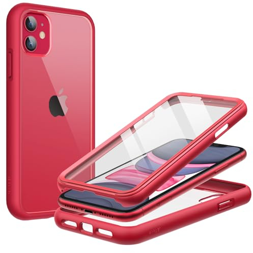 JETech Case for iPhone 11 6.1 Inch with Built-in Screen Protector Anti-Scratch, 360 Degree Full Body Rugged Phone Cover Clear Back (Red)