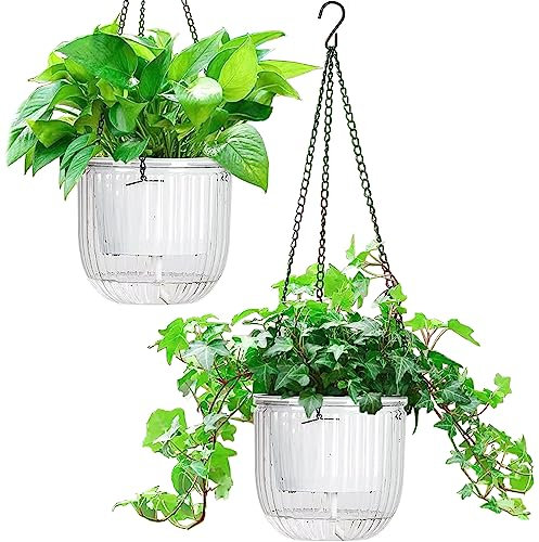 Melphoe Paquete de 2 macetas Colgantes de riego automático, macetas de Interior de 6.5 Pulgadas, Cesta Colgante para Plantas al Aire Libre, Colgador de Plantas con 3 Agujeros de Drenaje para jardín y