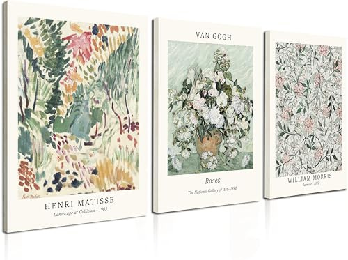 Induslyfe Framed Sage Green Vintage Wall Art Canvas Decor Set of 3, Matisse Wall Art Prints Posters Mid Century Modern Art, Aesthetic Floral Botanical wall art for bedroom, living room, bathroom 12x16