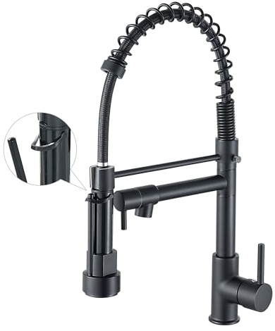 Grifo de cocina con rociador extraíble de arco alto, grifo de cocina de una sola manija con resorte, grifo de fregadero de cocina mate negro
