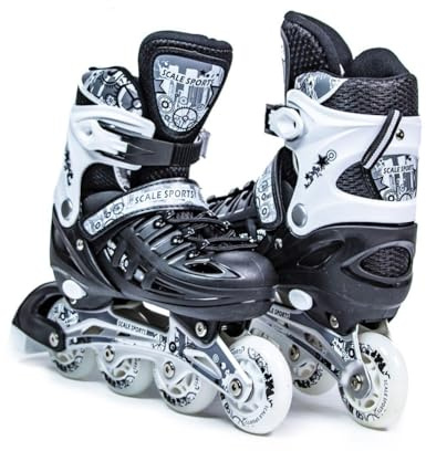 Scale Sports - Adjustuble Roller Skates with light up wheels for children and adults - Kids Inline Roller Skates (black-white, UK 5-7 (EU 38-41) L)