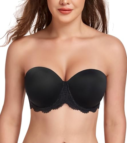 Lemorosy Women's Plus Size Full Coverage Lace Strapless Bra Underwire Multiway Contour Red Carpet(Lace Black,36E)