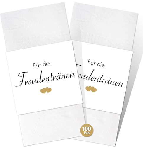 100 Stück Freudentränen Taschentücher Banderole, Freudentränen Hochzeit mit Klebepunkte, “für die Freudentränen” Tisch Deko für Hochzeit, Taufe, Geburtstag(14.8 X 5.2cm)