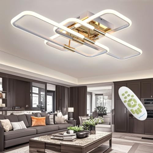 SXLXQM Lampadario Soggiorno LED Dimmerabile Moderna, Plafoniera LED Soffitto Rettangolare 86W 10750 lumen, Lampadario a Sospensione Grande 3000K-6000K, per Soggiorno, Camera da Letto