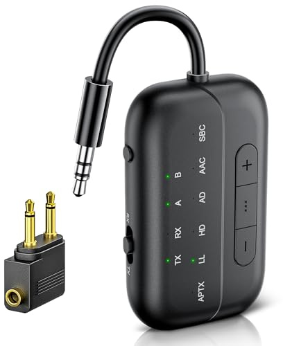 2025 Upgraded Bluetooth 5.3 Sender Klinke Splitter Transmitter und Empfänger, Airfly Bluetooth Adapter Flugzeug Gadgets, 3,5mm Aux für 2 Kopfhörer TV PC Stereoanlage, Autoradio