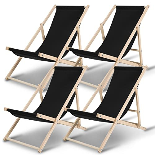 Ollewiellan Set om 4 solstolar hopfällbar trä svart strandstol trä, trädgårdsfåtölj trä upp till 120 kg, justerbar solstol, trä, väderbeständig fällstol, strandstol för uteplats, balkong, strand