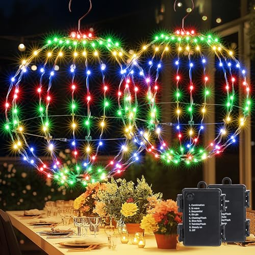 Joomer 2 Piezas Bola de Navidad a Pilas, 144 + 120 LED Luces Exterior Metal Plegable, 8 Modos Luces de Hadas Decoración Colgantes para Salón Jardín Fiesta Interior (33cm+28cm, Multicolor)