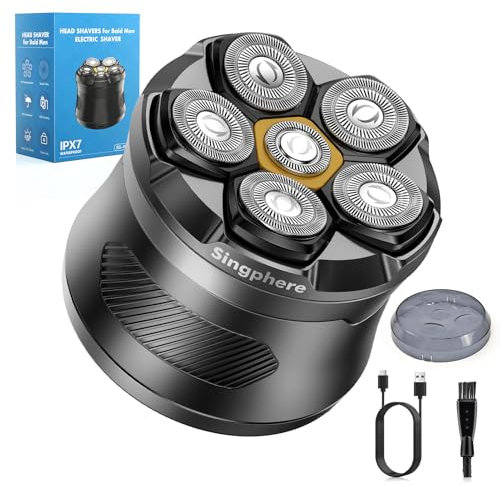 Singphere Rasoio Elettrico Testa Calva Uomo, IPX7 Impermeabile Rasoio Elettrico Barba, 6D Rasoio Testa Magnetiche, Rasoio Capelli Uomo Testa Calva con Display LED &Type-C