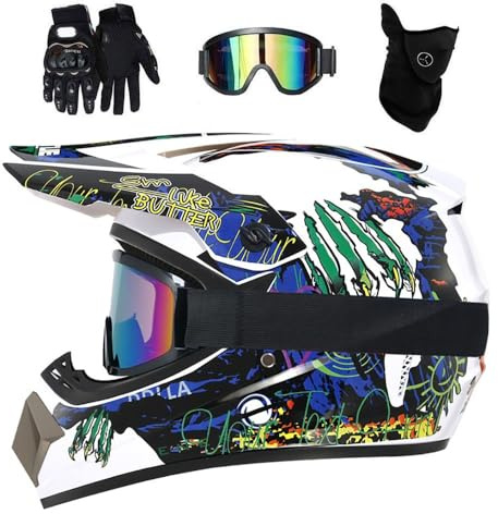 Dual Sport MTB Motocross Helmet, with Goggles Gloves Mask, Youth Kids Full Face Off-Road ATV Scooter Street Motorbike Helmets, Downhill BMX Quad Dirt Bike Enduro Helmet(Blue,L/56-57CM)