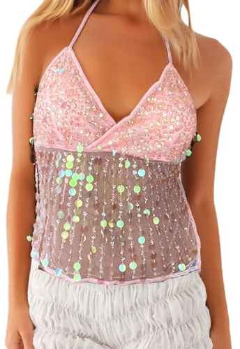LYSINK Women Spaghetti Strap Cami Top Y2K Sequin Cami Top Sexy Pearl Embellished Halter Tank Tops Summer Backless Camisole (Bb Pink, S)