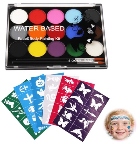 15 Couleurs Peinture Corporelle pour Le Visage, Palette de Maquillage Enfants, Peinture Visage avec 2 Pinceaux, 50 Pochoirs, Bodypainting, Peinture pour le Visage pour Halloween Noël Carnaval Cosplay