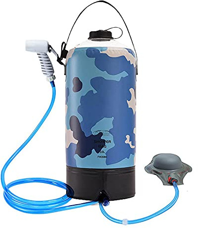 Ducha portátil de camping – Bolsa de ducha solar de 10 L con bomba de pie de presión y manguera de ducha para playa, senderismo, ciclismo, mochilero