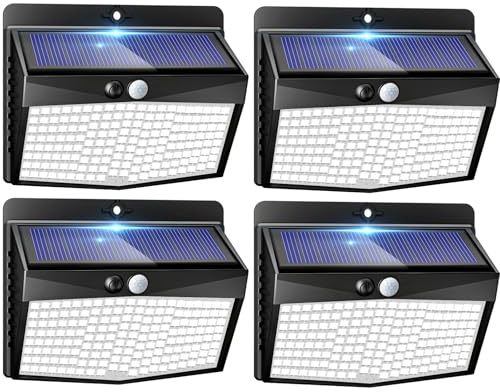 Peasur Lampe Solaire Exterieur Detecteur de Mouvement Lot de 4, LED Lumiere Extérieur avec Détecteur, 3 Modes/etanche Spot Solaire, Eclairage Extérieure pour Jardin Murale Garage, Blanc Froid