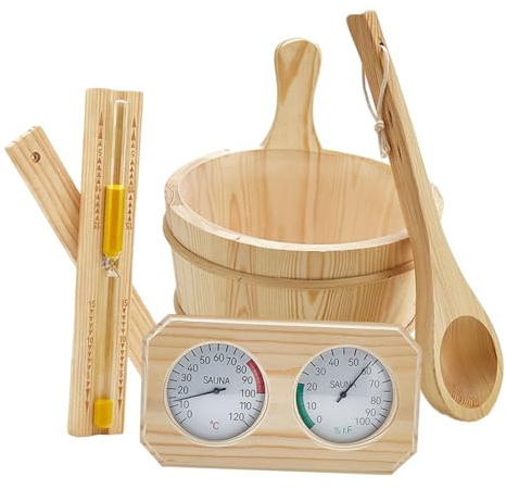 MagiDeal Kit D'accessoires pour Sauna, Seau de Sauna 4 L avec Poignée, Thermomètre et Hygromètre, Louche, Sablier, Accessoires de Sauna Robuste en Bois de Pin, pour Maison, Hammam Spa Sauna