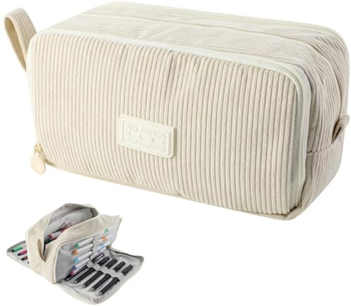 MHwan Estuche Escolar 3 Compartimentos, de Pana, con Asa, Grandes, Resistente y Ligero, Estuches Ideal para Niñas, Niños, Adolescentes, Adultos, Escuela y Oficina (Beige)