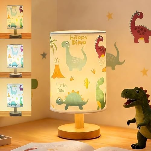 Dinosaur Lamps,Kids Table Lamp for Bedroom Boys Decorative Bedside Lamp,3 Colours Dimmable LED Nightstand Night Light Cartoon Lampshade Desk Lamp for Boy Girl Nursery Dino Decor Birthday Gift for Boy