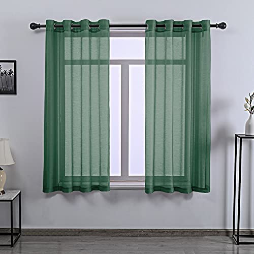DONREN Dark Emerald Green Sheer Curtains 63 Inch Length for Boy's Room - 2 Panels Hunter Green Grommet Elegant Semi Voile Window Drapes for Bedroom 52 W x 63 Inches Long