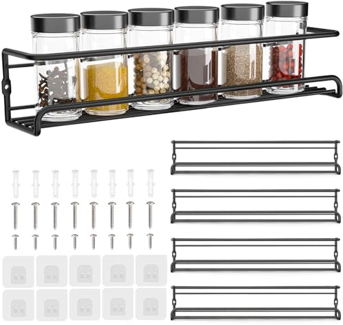 HOAENTSA Spice racks Organiser 4 Tier Metal Wall Mounted kitchen Spice shelf for Kitchen&inside cupboard Spice Jars and Condiments tidy Storage (Black)