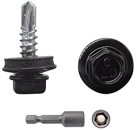 Marcopol, Confezione da 150 viti per coperture in metallo, viti autoperforanti da 4,8 x 19 mm con rondelle EPDM, testa a rondella esagonale verniciata, vite da lamiera (150, RAL 9005), nero (RAL 9005)