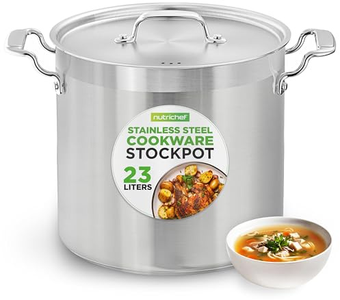 Nutrichef Olla acero inoxidable 18/8, Con tapa, Capacidad de 23L, Grande y resistente, Para sopas y guisos, Apta para induccion