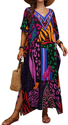 LikeJump Femme Boho Multicolore Kaftan Beach Dress Bikini Cover Ups Kimono Maxi Kaftan Plus Size