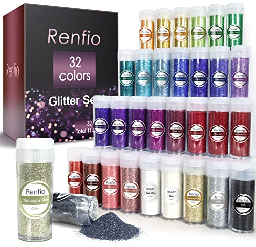 Renfio 32 Colors Glitter Set, 16.93oz 480g Ultra Fine Glitter Powder PET 1/128 0.008 0.2mm Resin Suppies Assorted Craft Glitter for Fake Nails, Resin Art, Tumblers, Slime, Hair, Bomb