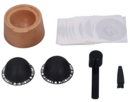 Kit De Cápsula Vertuo Reutilizable Con 2 Tazas De Filtro Reutilizables Negras De 230 Ml, Kit De Taza De Filtro De Cápsula De Café,Soporte De Haya, Tapas De Sellado De Papel De Aluminio De 20 Piezas,