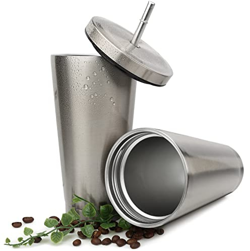 Isolerad termobägare med sugrör 2-pack, 500 ml, dubbelväggig tumbler av 304 rostfritt stål, tätslutande lock med tätningsring, läck- och droppsäker vid transport i väska bil, BPA-fri, diskmaskinstålig