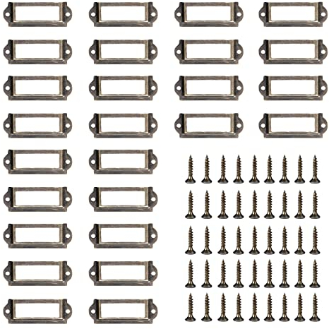 Eabdice 50 Stück Metall Etikettenhalter, Vintage Metall Etikettenrahmen, Schublade Aktenschrank Etiketten, ür Büros, Bibliotheken (60 x 24 mm/Bronze)