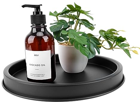 Towviy Deko Tablett Rund, Schwarz Matt Dekoteller Metalltablett Kerzen Tablett Schmuckschale Serviertablett für Tischdekoration