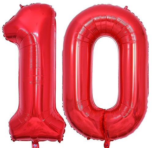 Vthoviwa 40 Pulgadas Globo Numero 10 Rojo, Globos 10 Cumpleaños Fiesta 0123456789,10-19,20-25,30,40,50,60,70,80,90, Número 10 Decoración Fiesta Del Aniversario Soporte Helio
