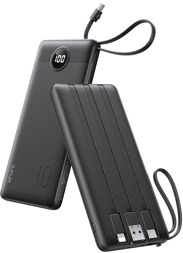 VRURC Portable Charger with Built in Cables, Slim Power Bank 10000mAh, USB C Travel Battery Pack, 5 Output 2 Input External Charging Bank for iPhone 17 16 15 14 13,Samsung,Android-Black(1 Pack)