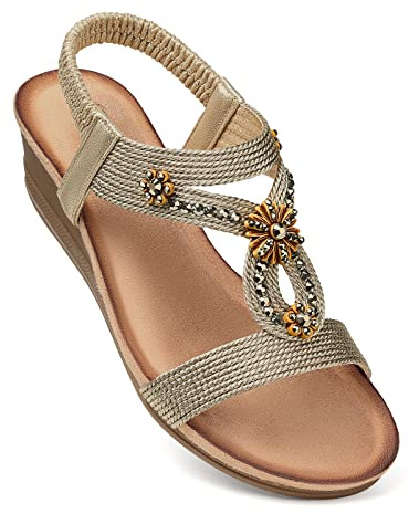 SHIBEVER Wedge Sandals Women Comfortable Rhinestone Ladies Sandals Dressy Arch Support Low Heel Flower Shoes Summer Brownness Size 9
