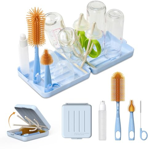 Travel Bottle Cleaner Kit with Bottle Drying Rack, Blue