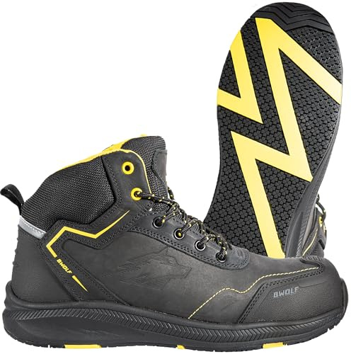 BWOLF Phoenix S3 Chaussures de Sécurité Hommes S3 Nabuk Imperméables Antidérapantes 4 x 4 Grip Tech Semelles Ergo, Noir/Jaune/Bleu Nuit, 39 EU