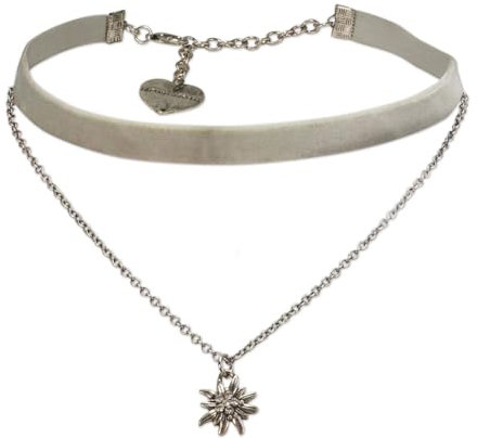 Alpenflüstern Trachten-Samt-Kropfband Strassedelweiss-Kette - nostalgische Trachtenkette enganliegend, Kropfkette elastisch, Damen-Trachtenschmuck, Samtkropfband schmal (grau) DHK332