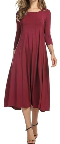 HOTOUCH Elegant Tunic Dress with Pockets - Classic Midi Dress, Round Neck, 3/4 Sleeve, A Line, Casual, Red